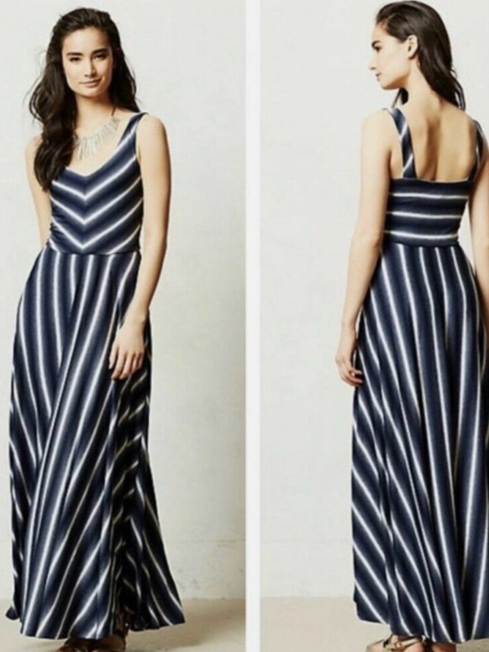 Striped Navy and White V-Neck Maxi Dress